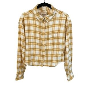 American Eagle Plaid Shirt Crop‎ Top Button Down Long Sleeve Yellow Small